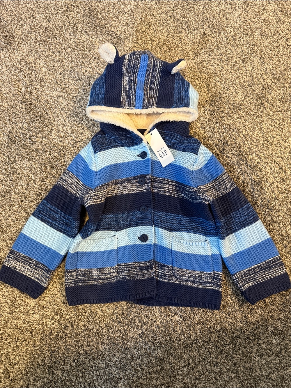 BabyGap Striped Blue Garter Sweater Cotton Winter Bear Ears Size 12-18M NWT